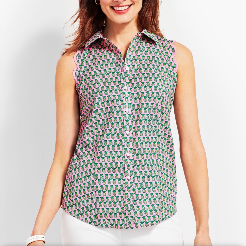 Talbots Scallop Sleeveless Pink Pineapple Tropical Button Down Shirt Vacation